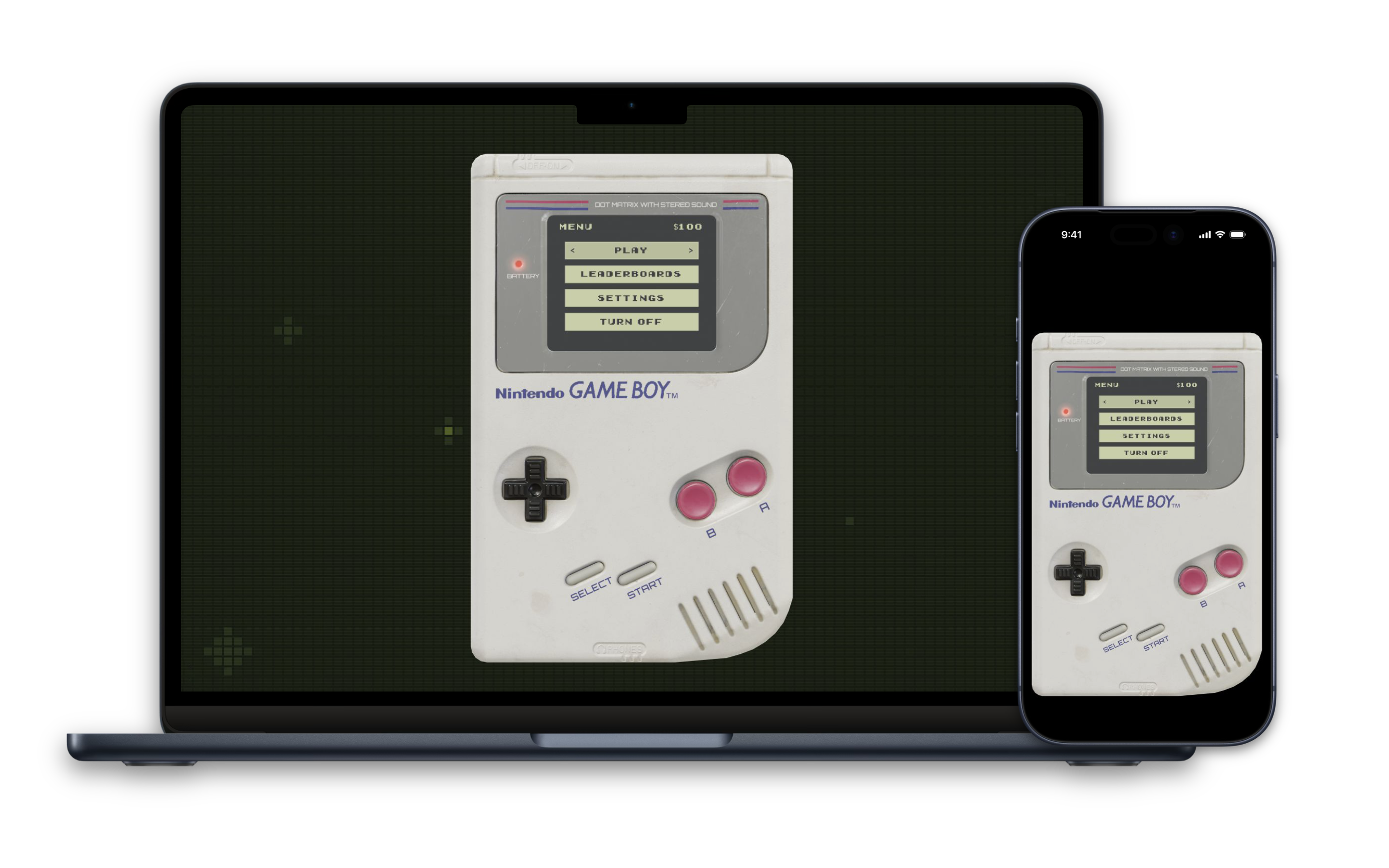 Playground's powered-on Game Boy arcade menu presented on a MacBook and iPhone